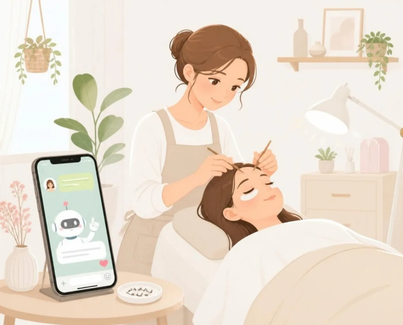 施術中の店主と、お店の LINE で返事をする担当AI