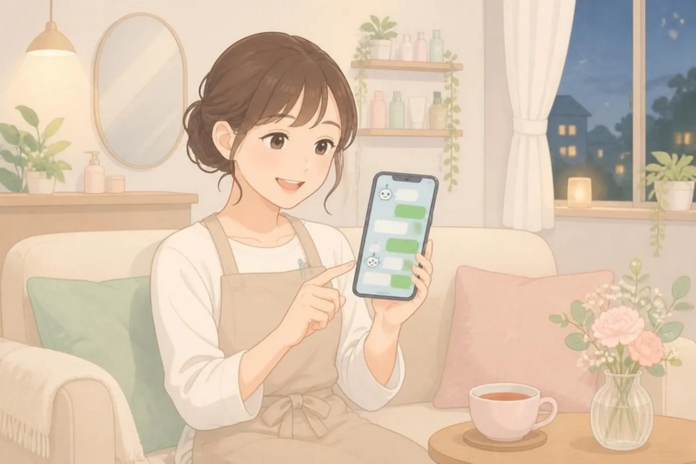 スマホで LINE の返事を見る店主